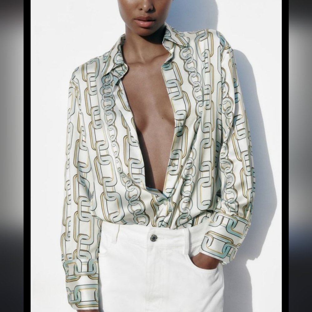 Zara Satin Blue Chain Print Button Collared Long Sleeve Blouse